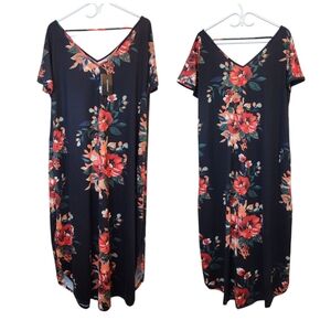 [2XL] NEW Floral Short-sleeved V-Neck Maxi Dress Size 2XL Black & Red